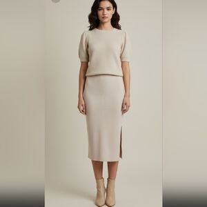 Cyrus Cream Fuzzy Short Sleeve Sweater Ribbed Skirt Pair NWT Sz Small